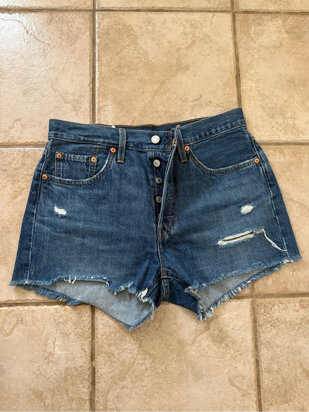 Levi’s Women's Dark Blue Distressed 501 Button-Front Jean Shorts